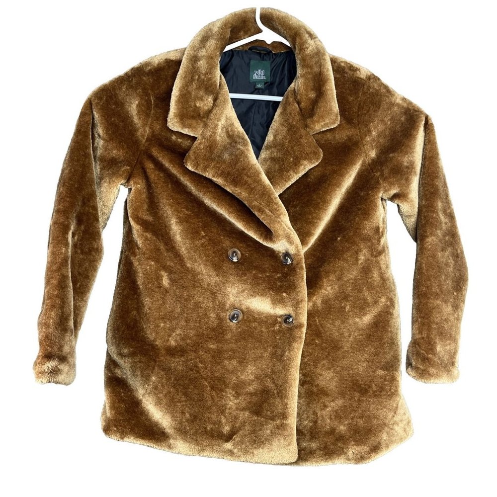 Wild Fable Fuzzy Coat Womans M Carmel Cognac Double Breasted Seam Pockets Lined - Picture 1 of 12